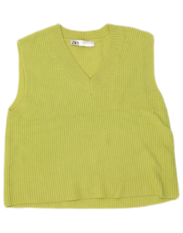 Zara Damen Crop Vest Tank Top UK 10 Small Grüne Baumwolle