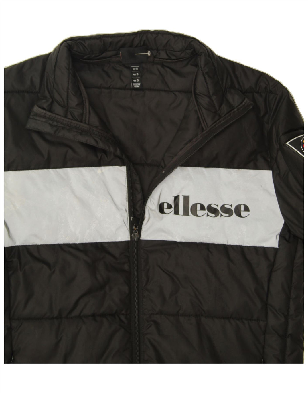 ELLESSE Mens Graphic Padded Jacket UK 36 Small Black Colourblock Polyester Vintage Ellesse and Second-Hand Ellesse from Messina Hembry 