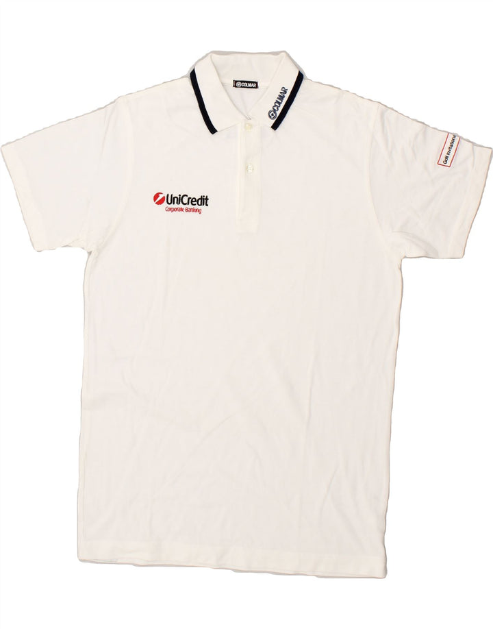 COLMAR Mens Graphic Polo Shirt Small White Cotton Vintage Colmar and Second-Hand Colmar from Messina Hembry 