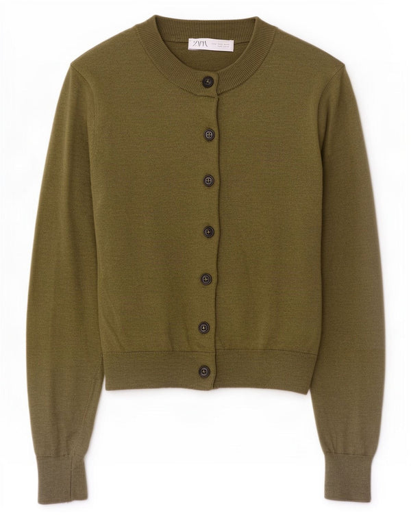 Zara Damen Crop Cardigan Pullover UK 10 Small Khaki Polyamid