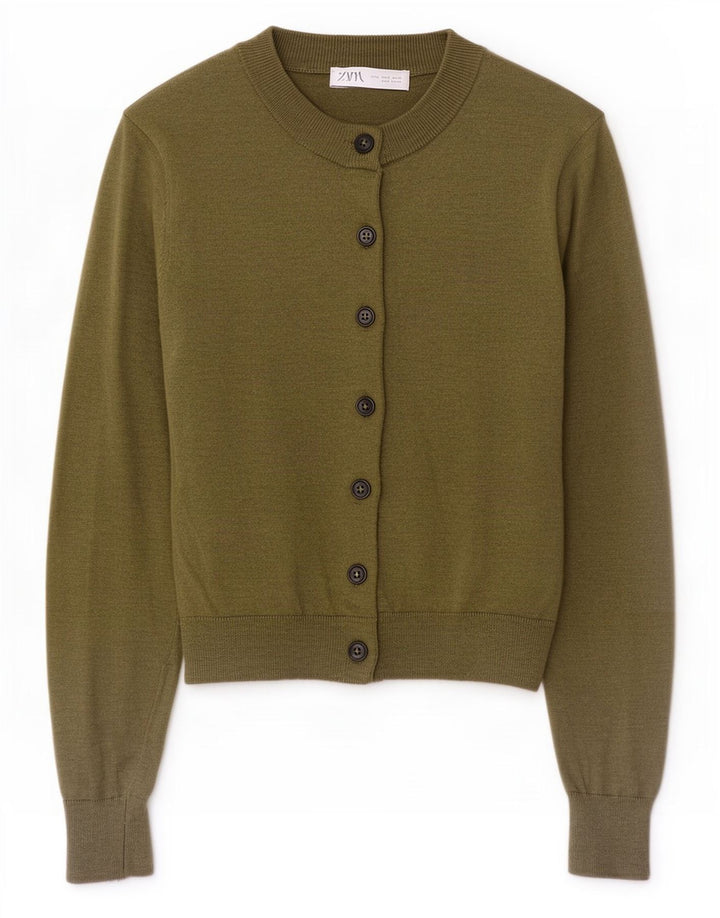 Zara Damen Crop Cardigan Pullover UK 10 Small Khaki Polyamid