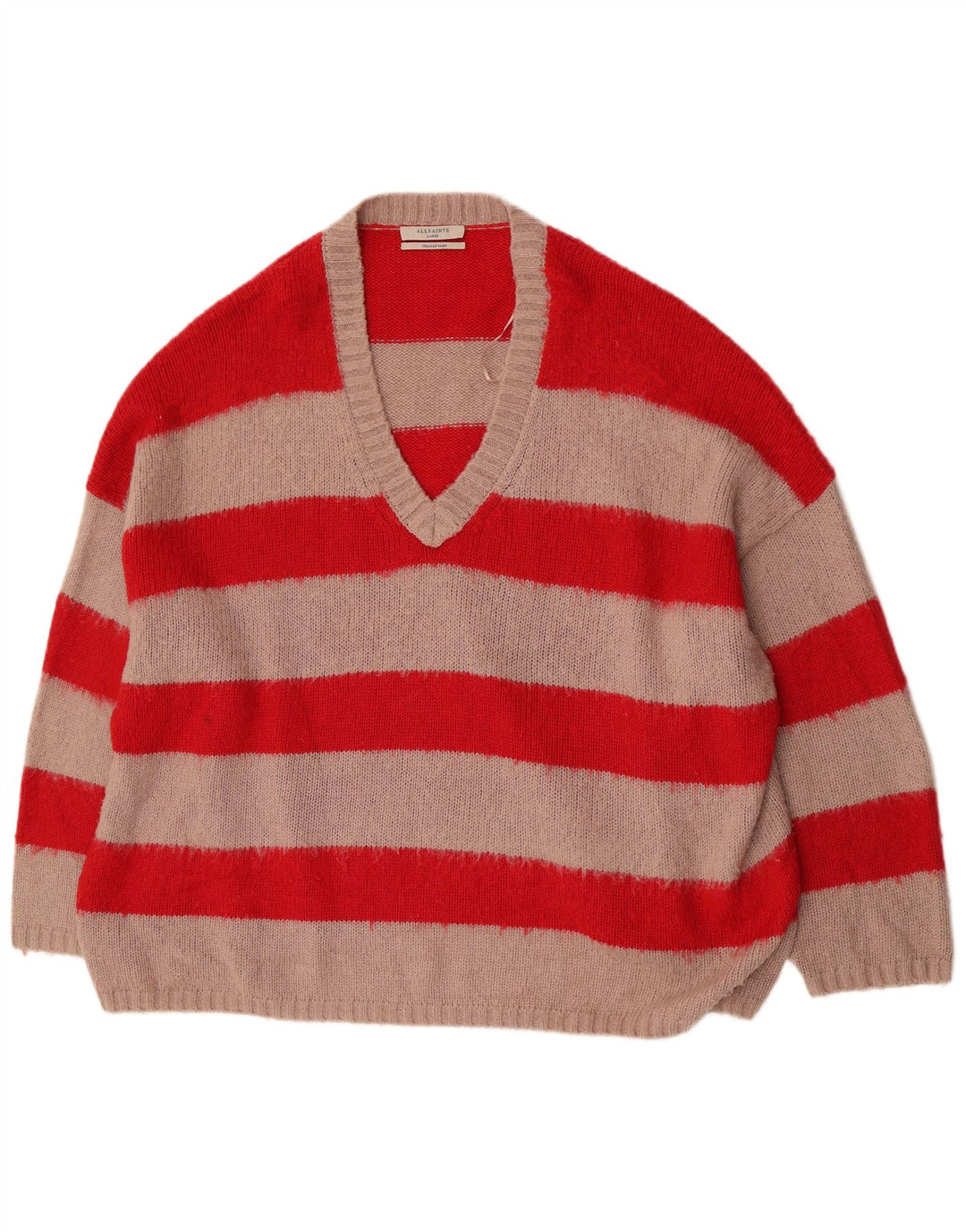All Saints Herren-Pullover mit V-Ausschnitt, übergroß, groß, rot gestreift, Acryl
