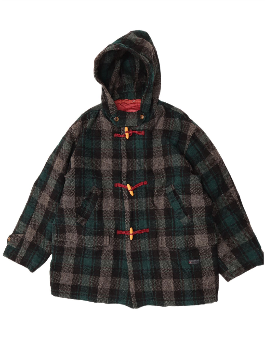 Enrico Coveri Damen Dufflecoat mit Kapuze IT 44 mittelgrün karierte Wolle