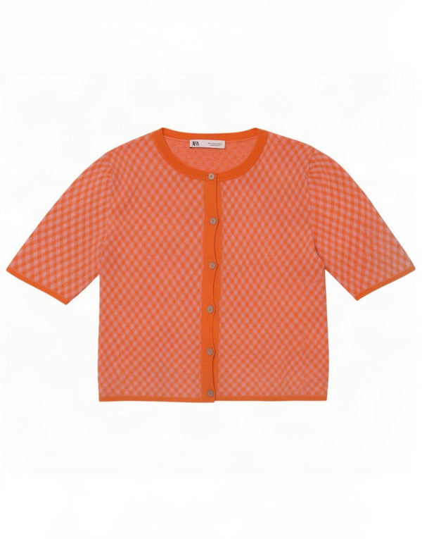 Zara Damen Crop Short Sleeve Cardigan Pullover UK 10 Small Orange Check