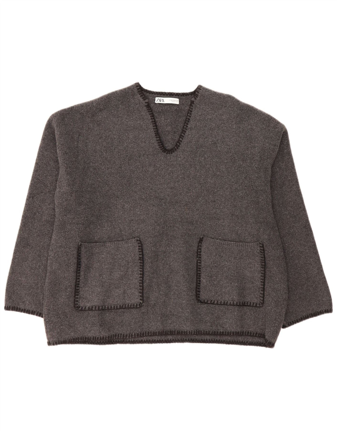 Zara Damen-Pullover mit V-Ausschnitt, übergroß, UK 14, Mittelgrau, Polyester