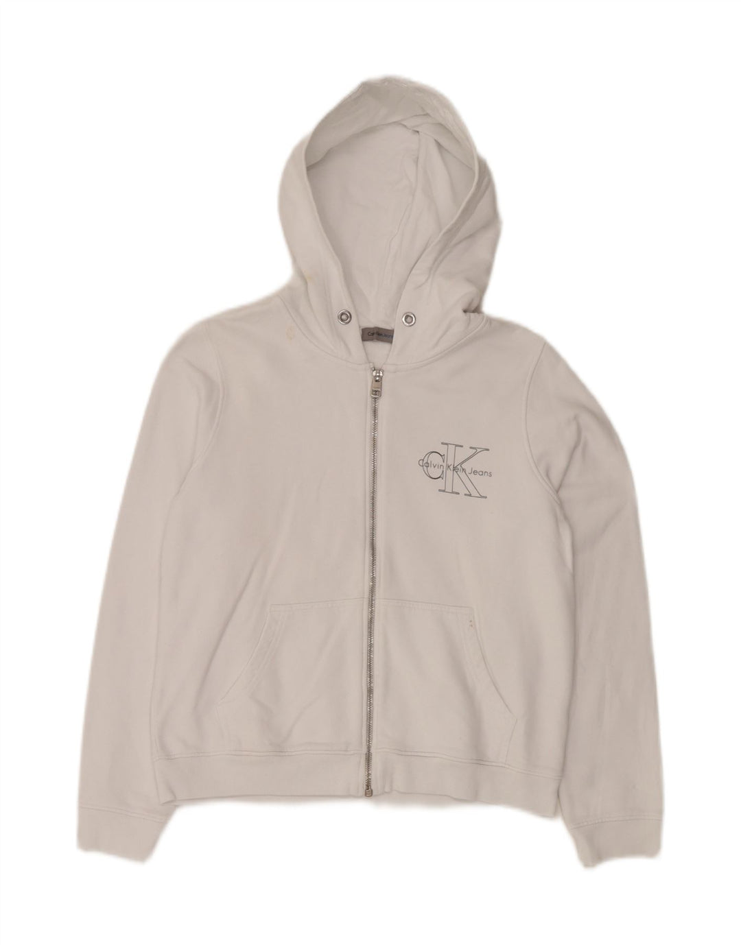 CALVIN KLEIN JEANS Damen Kapuzenpullover mit grafischem Reißverschluss, UK 10, Größe S, Weiß