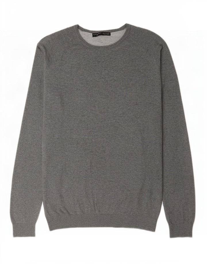 Zara Herren-Pullover mit Rundhalsausschnitt, XL, graue Baumwolle