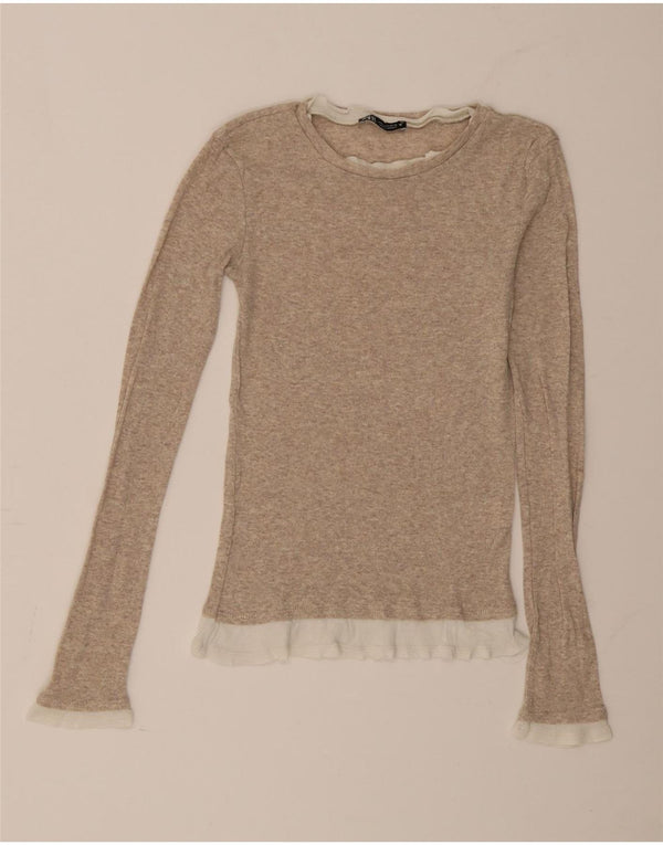 Zara Damen Top Langarm UK 8 Small Beige Colourblock Baumwolle