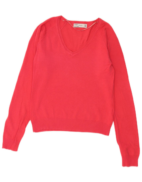 Zara Damen Crop V-Ausschnitt Pullover Pullover UK 12 Mittelrote Baumwolle