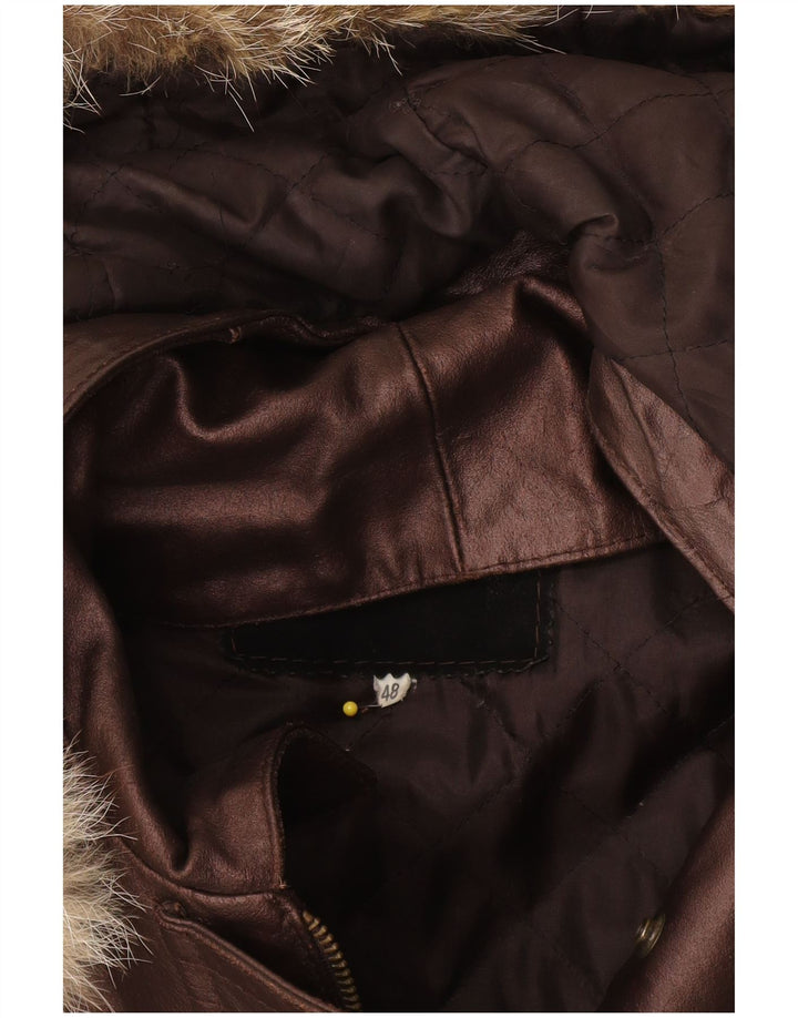 Vintage Damen-Kapuzen-Übergröße-Lederjacke IT 48 XL Braun