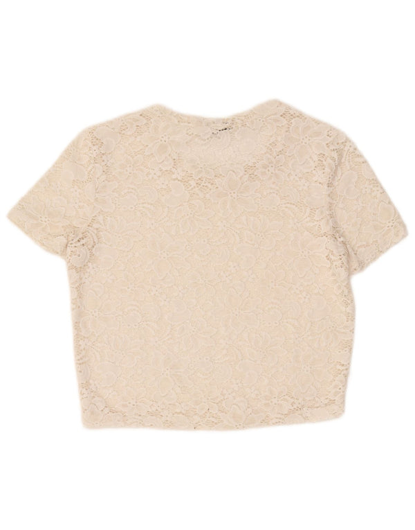 Zara Damen Crop See Through Bluse Top UK 12 Medium Off White Floral