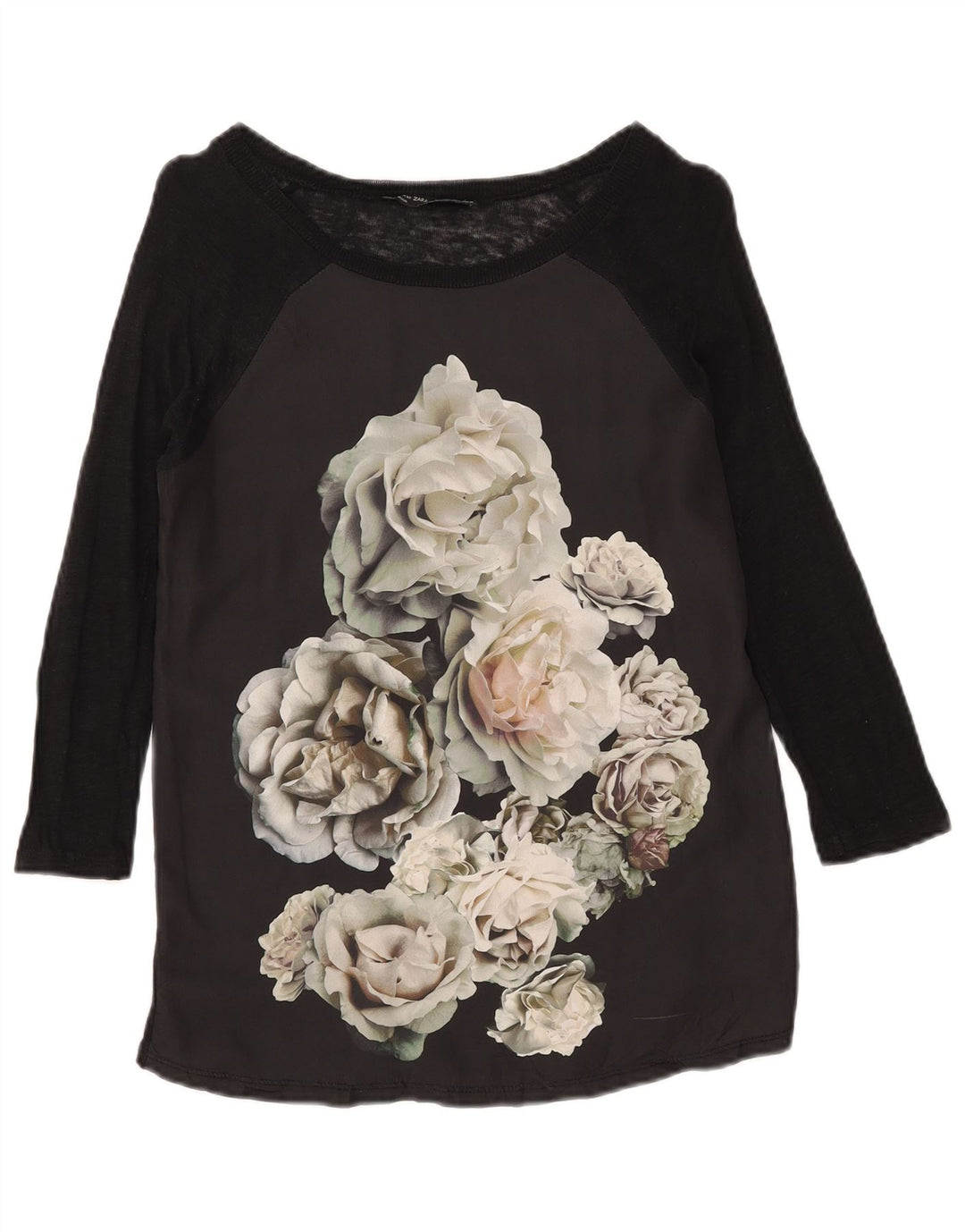 Zara Damen Grafik-Top mit 3/4-Ärmeln, UK-Größe 12, mittelschwarz, geblümt
