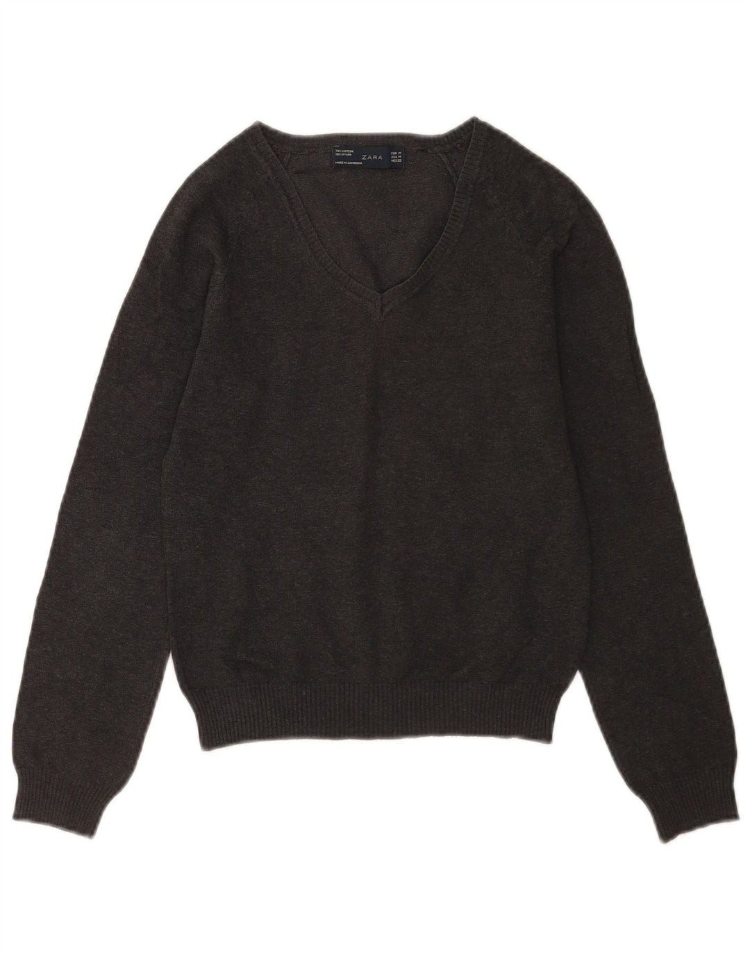 Zara Damen-Pullover mit V-Ausschnitt, UK 12, mittelgraue Baumwolle
