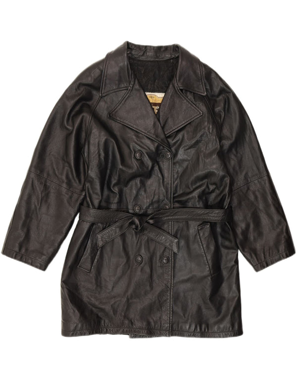 ANTICA PELLERIA Damen Zweireihiger Mantel UK 16 Großes schwarzes Leder