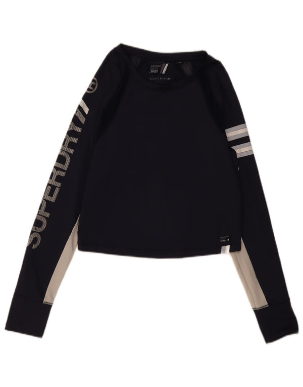 Superdry Damen Graphic Top Langarm UK 12 Mittel Marineblau Farbblock