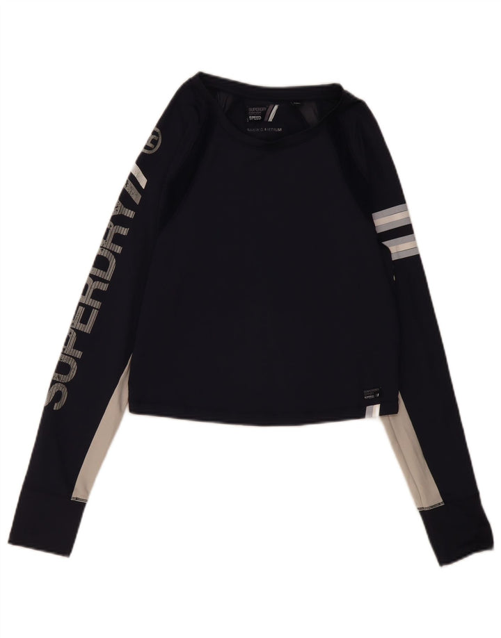 Superdry Damen Graphic Top Langarm UK 12 Mittel Marineblau Farbblock