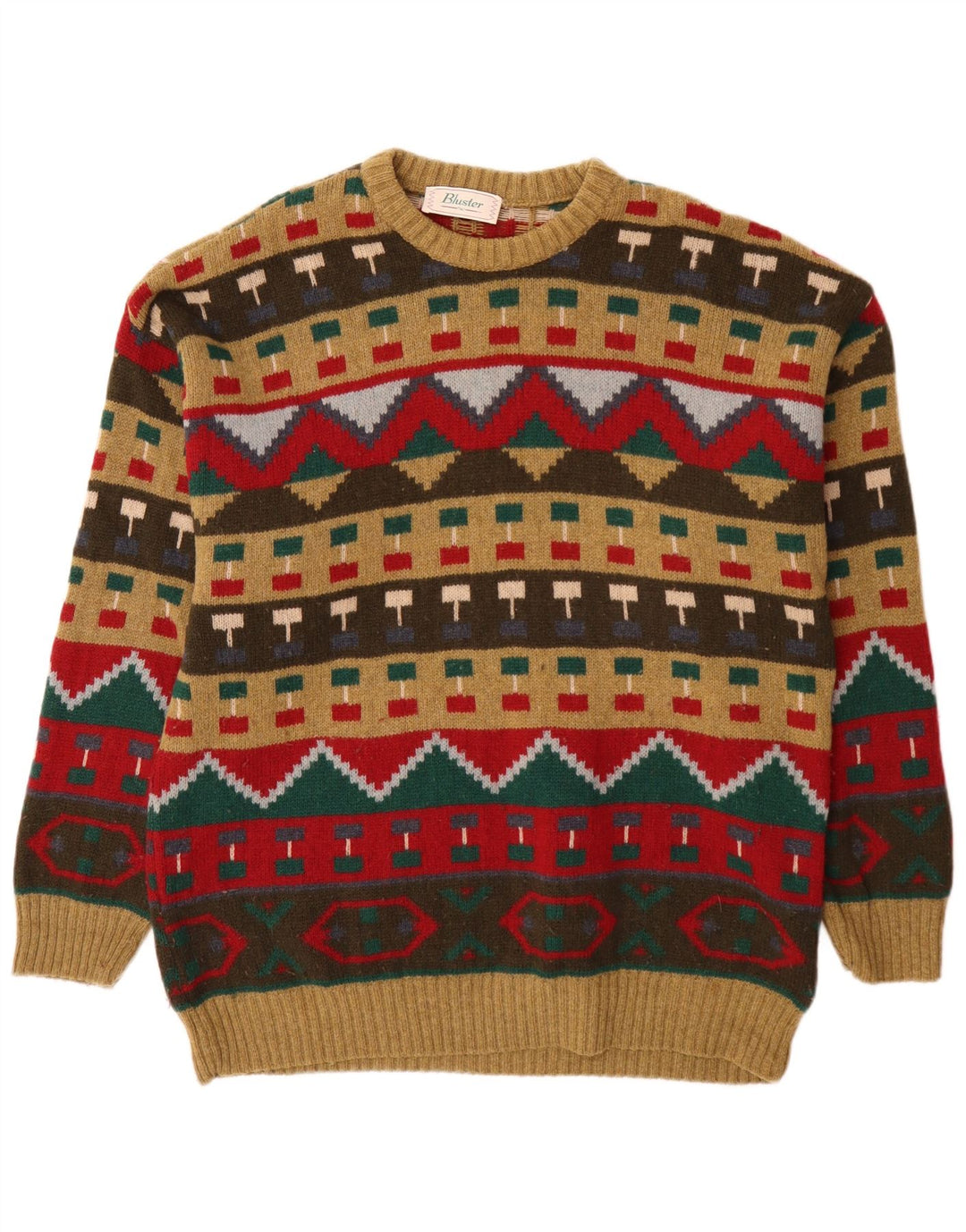 Bluster Herren-Pullover mit Rundhalsausschnitt, Größe 52, groß, braune, geometrische Wolle