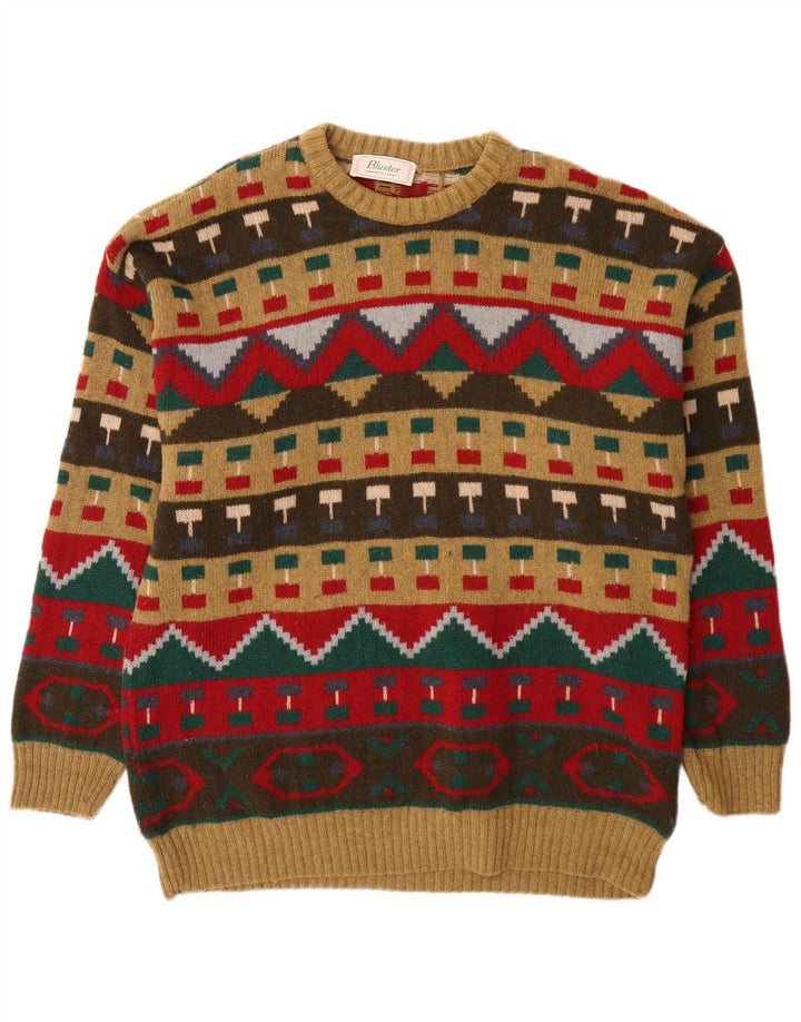 Bluster Herren-Pullover mit Rundhalsausschnitt, Größe 52, groß, braune, geometrische Wolle