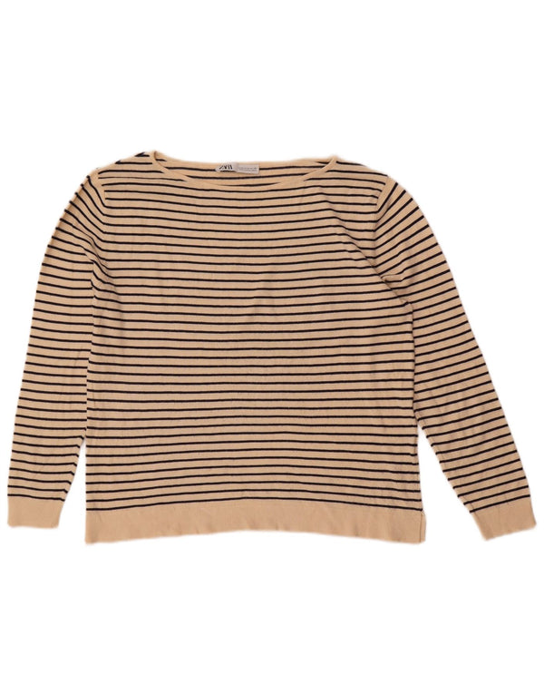 Zara Damen-Pullover mit U-Boot-Ausschnitt, UK 14, Mittelbeige gestreift