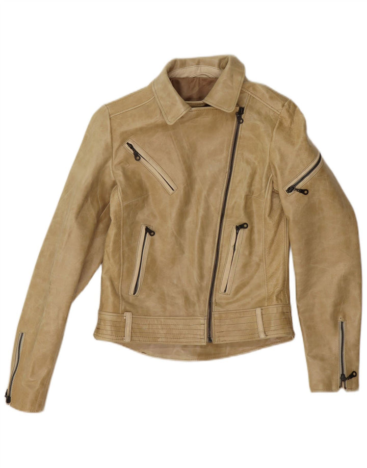 Vintage Damen Leder Bikerjacke UK 4 XS Beige