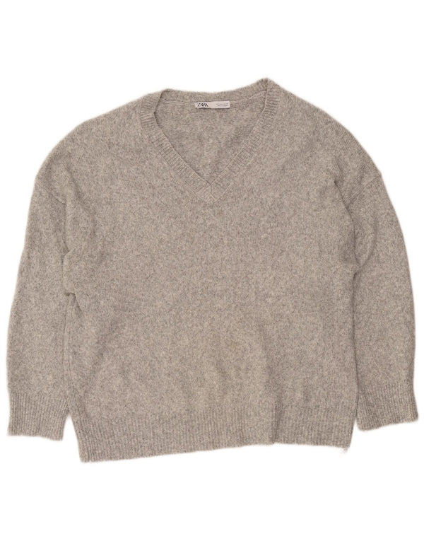 Zara Damen-Pullover mit V-Ausschnitt, Gr. 16, großes grau meliertes Acryl