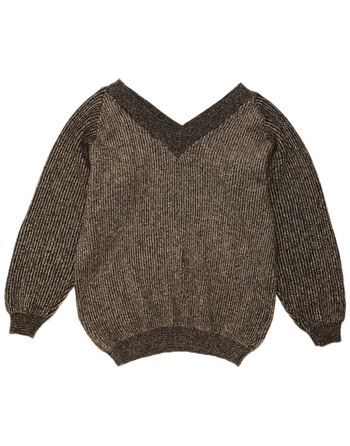Vintage Damen Übergroßer Pullover mit V-Ausschnitt EU 40 Mittelgold meliert