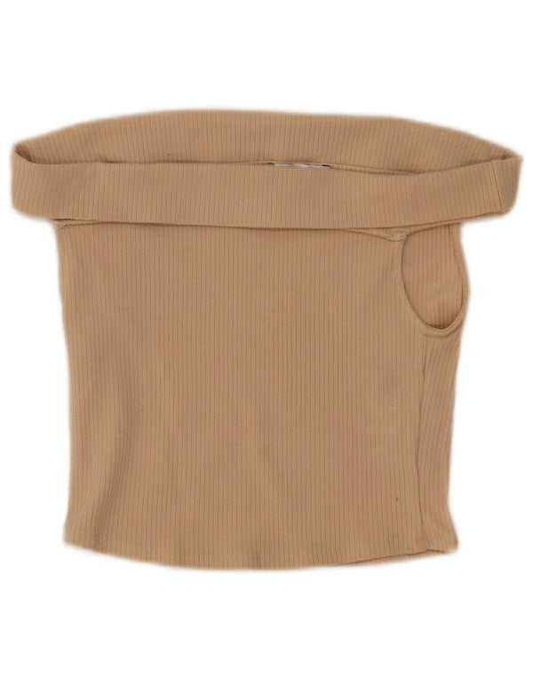 Zara Damen Crop Off Shoulder Top UK 8 Small Beige Baumwolle