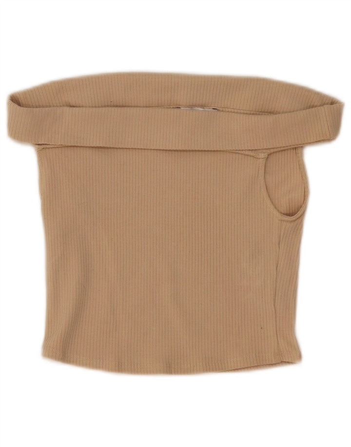 Zara Damen Crop Off Shoulder Top UK 8 Small Beige Baumwolle