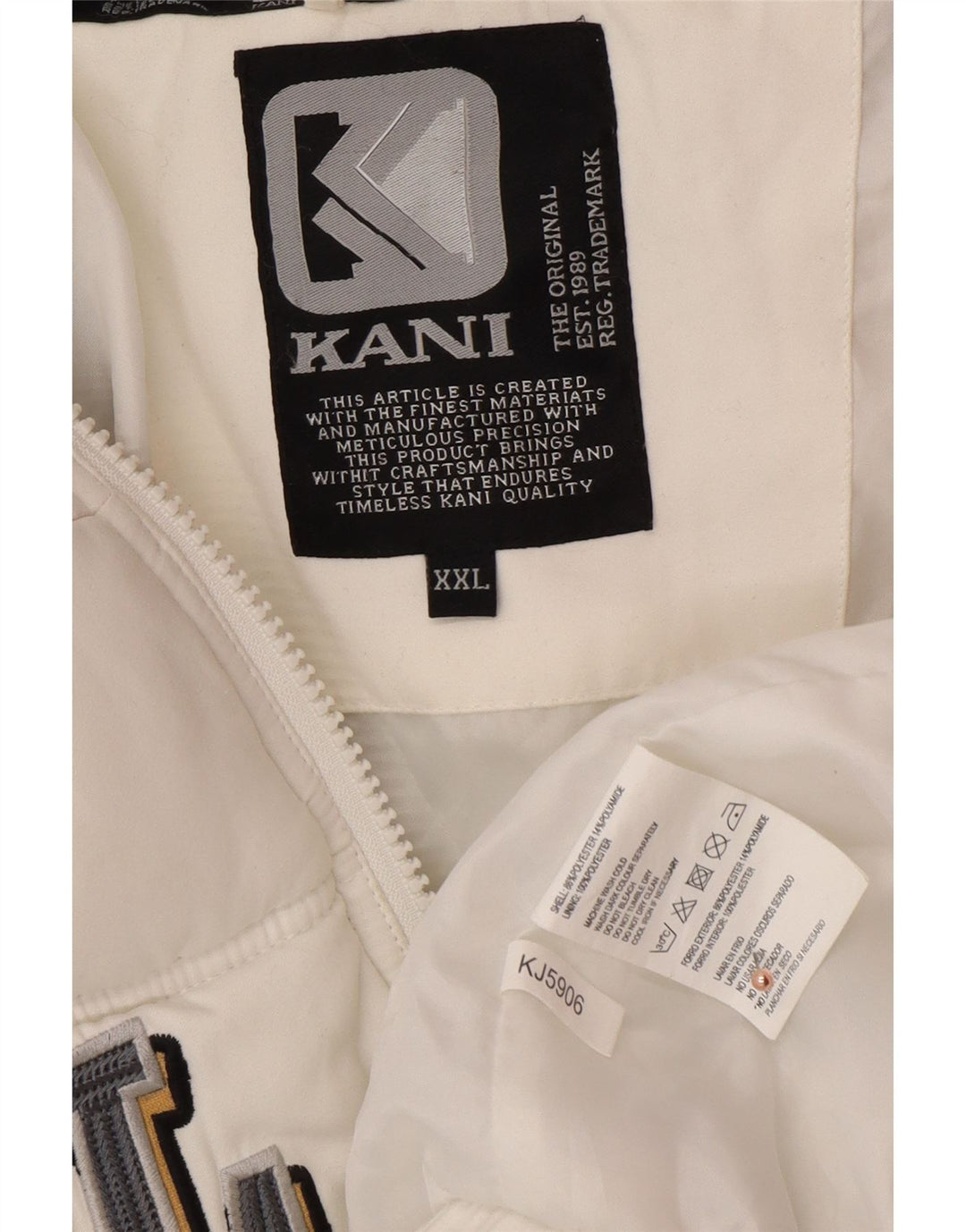 KARL KANI Wattierte Herrenjacke mit grafischer Kapuze, UK 44 2XL, weißes Polyester