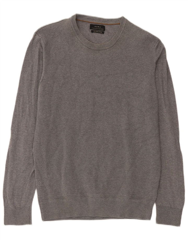 Zara Herren-Pullover mit Rundhalsausschnitt, mittelgraue Baumwolle