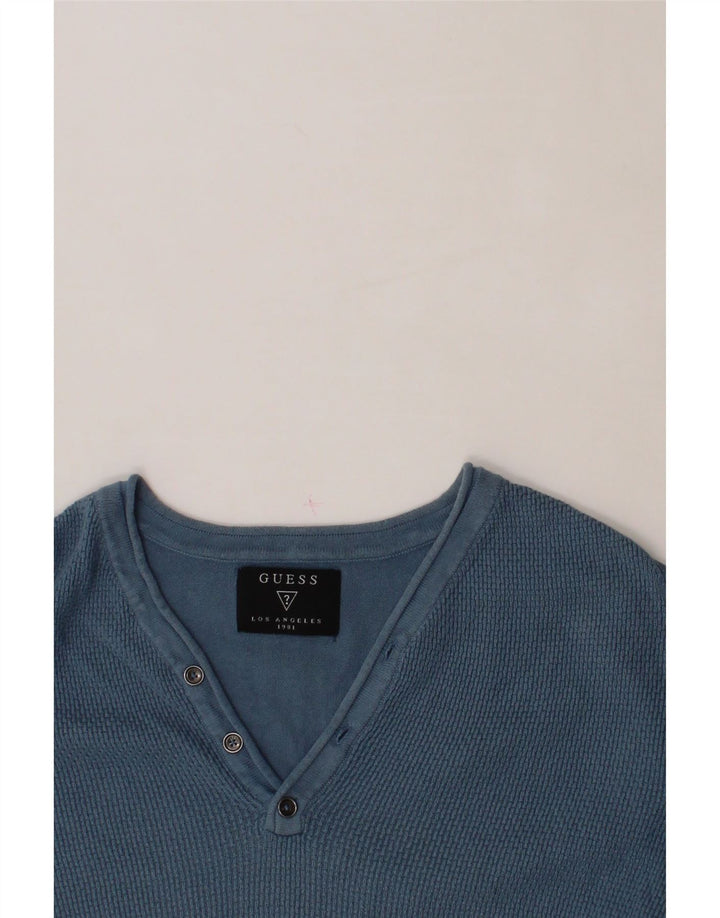 GUESS Mens V-Neck Jumper Sweater UK 40 Medium Blue Cotton Vintage Guess and Second-Hand Guess from Messina Hembry 