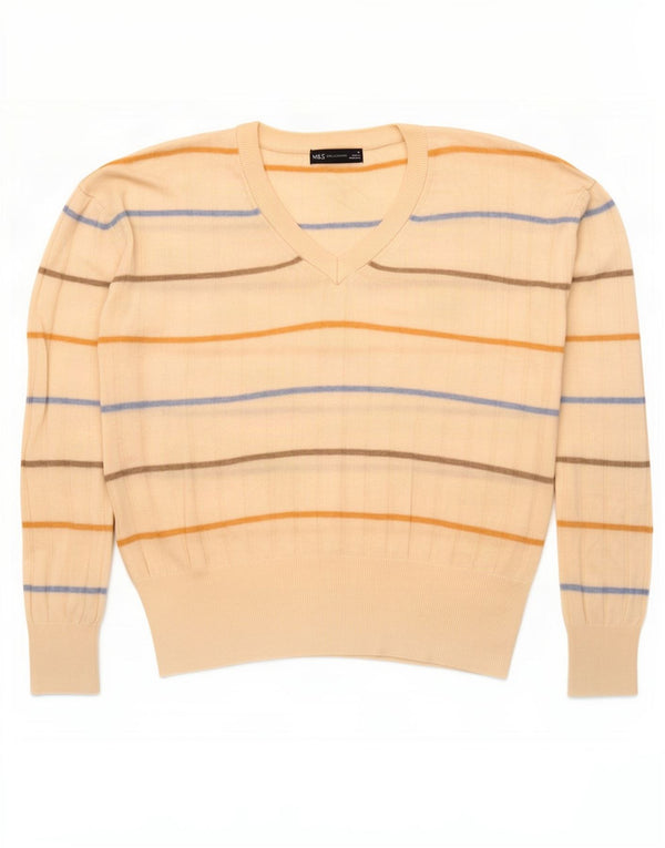 Marks & Spencer Womens V-Neck Jumper Sweater UK 14 Medium Off White Striped