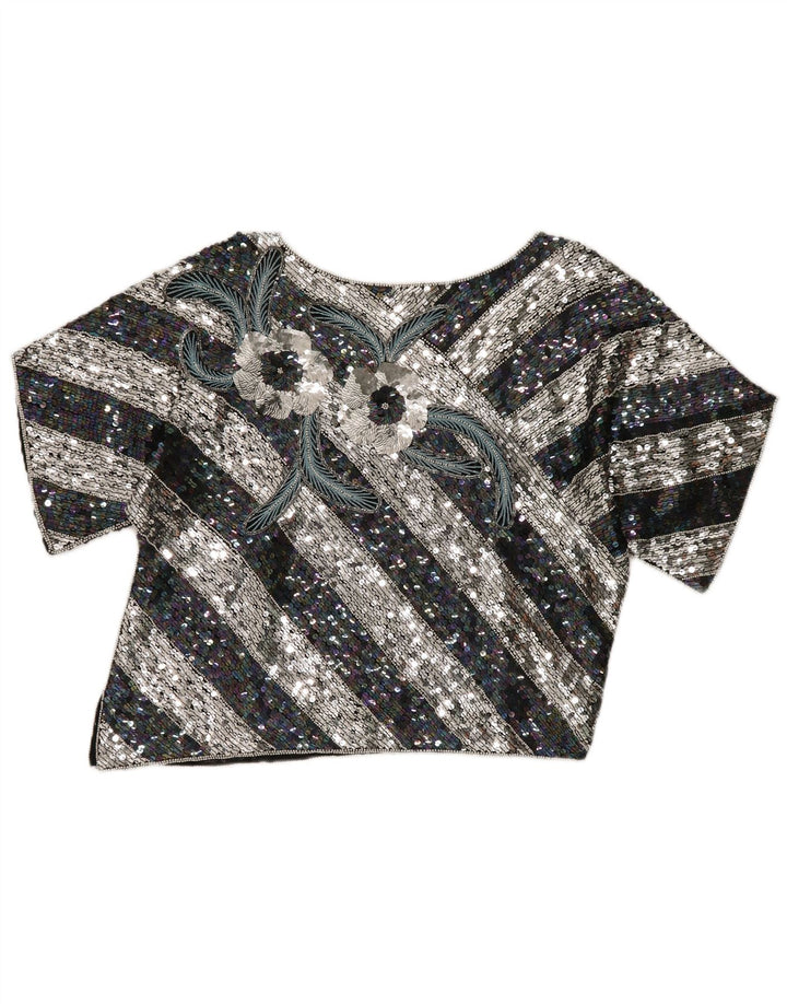 Vintage Damen Crop Graphic Bluse Top EU 40 Mittelschwarz gestreifte Seide