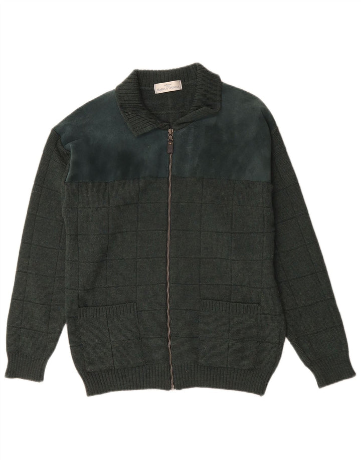 Marks & Spencer Herren-Cardigan-Pullover „St. Michael“ aus Wolle mit kleinem grünem Karomuster