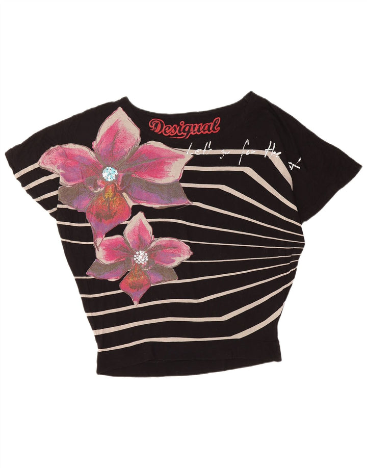 DESIGUAL Damen Übergroßes Grafik-T-Shirt-Oberteil UK 14 Mittelschwarz geblümt