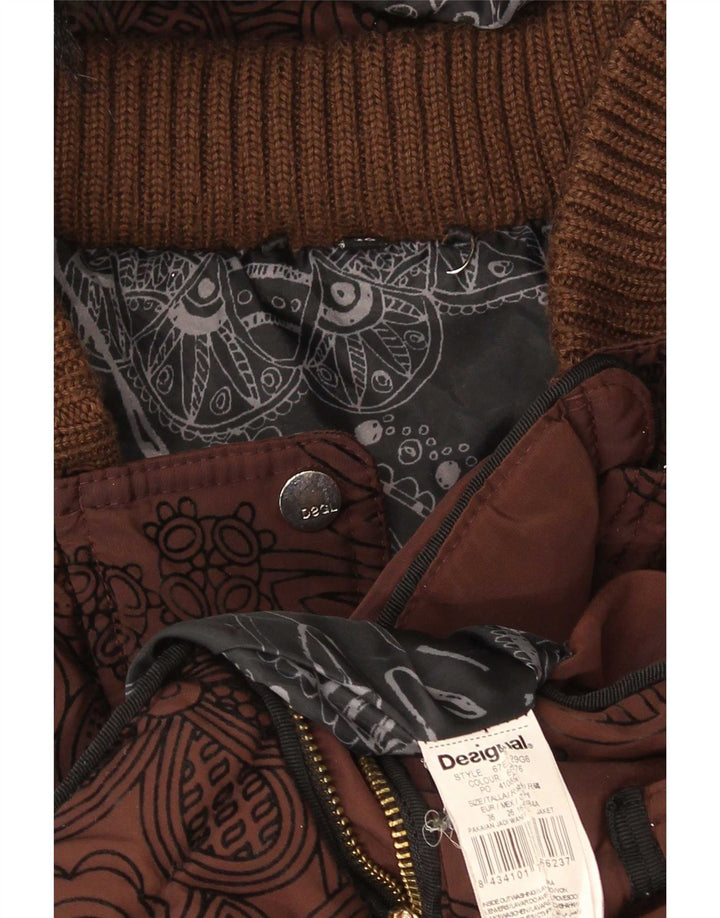 Desigual Damen-Kapuzen-Übergröße, wattierte Jacke, EU 36, kleines braunes Blumenmuster