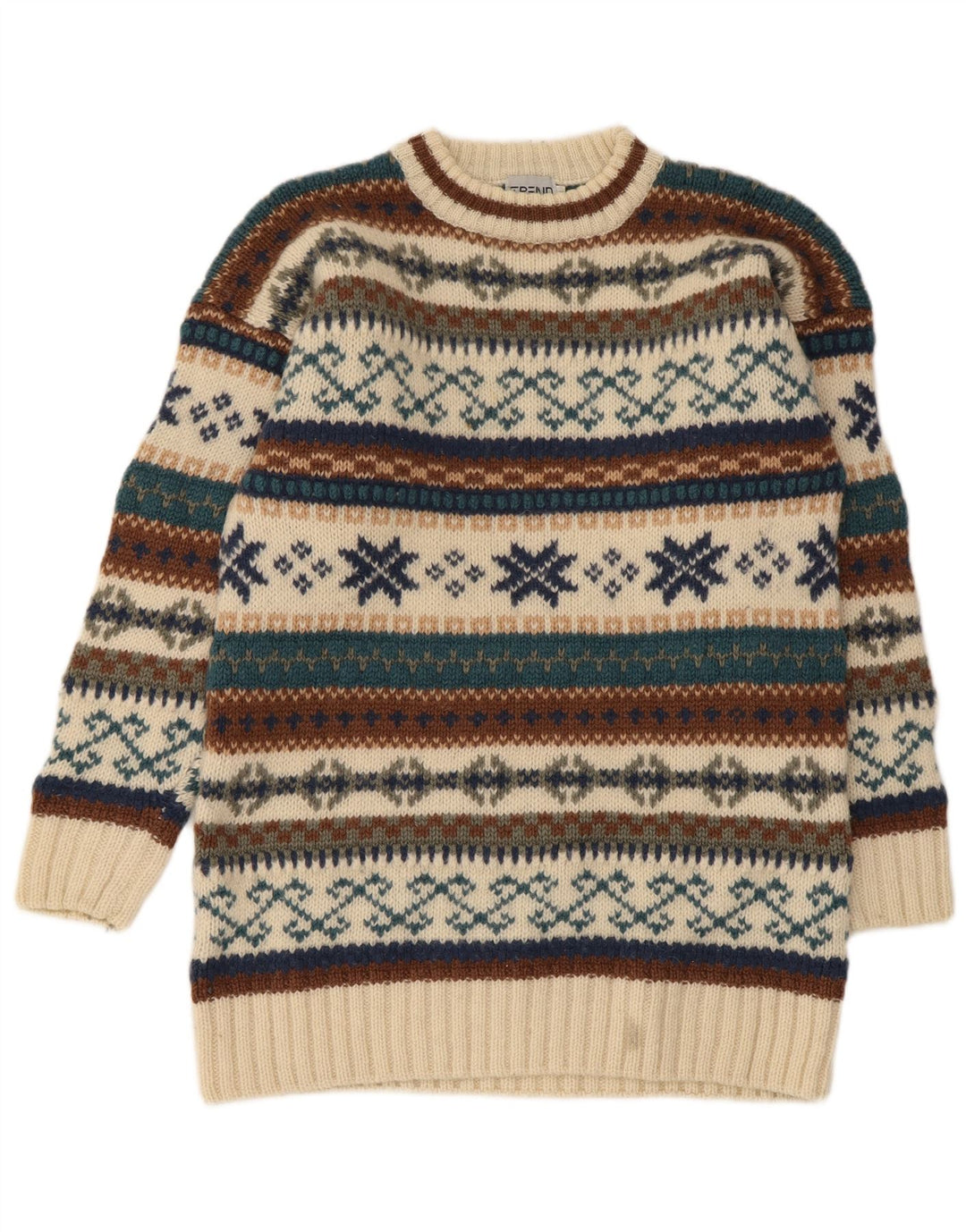 Vintage Herren-Pullover mit Rundhalsausschnitt, Mittelbeige, Fair-Isle-Wolle