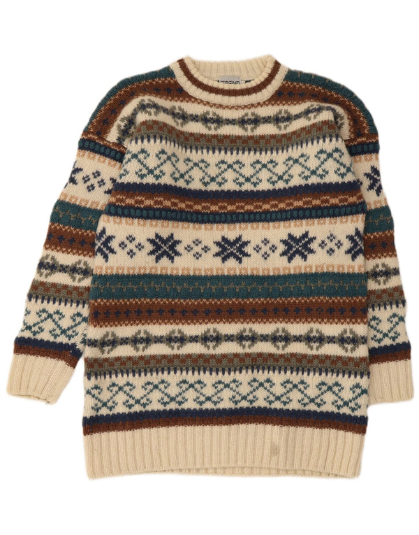 Vintage Herren-Pullover mit Rundhalsausschnitt, Mittelbeige, Fair-Isle-Wolle