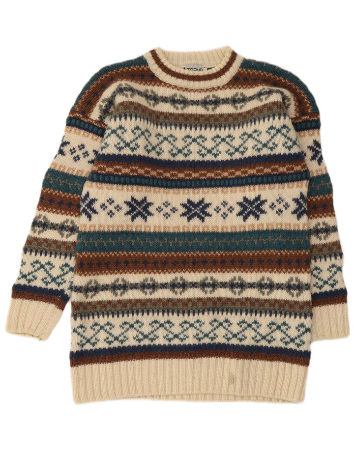 Vintage Herren-Pullover mit Rundhalsausschnitt, Mittelbeige, Fair-Isle-Wolle