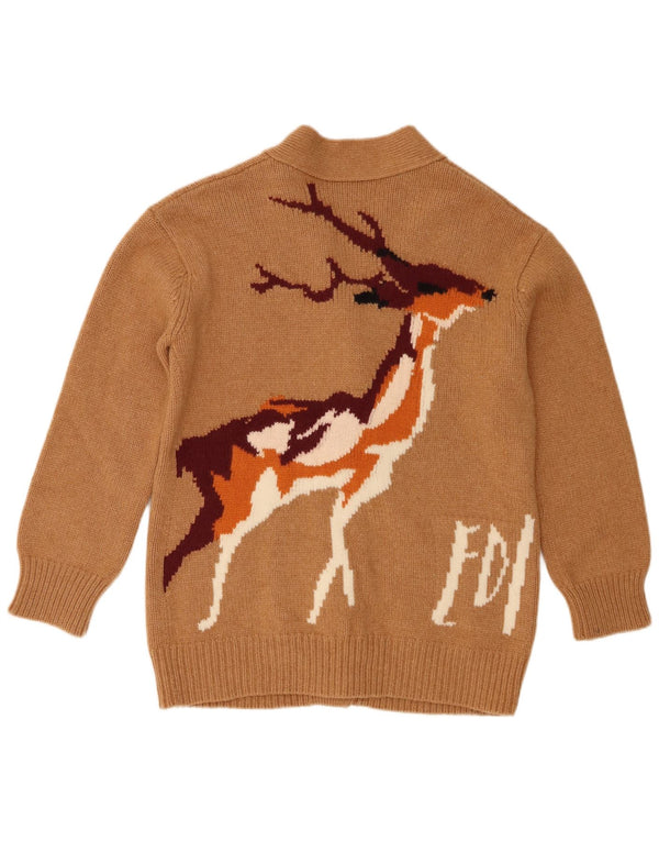 Vintage Damen Grafischer Cardigan Pullover UK 6 XS Braun Animal Print