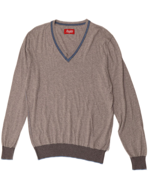 Playlife Damen-Pullover mit V-Ausschnitt, UK 16, Größe L, grau gefleckte Baumwolle