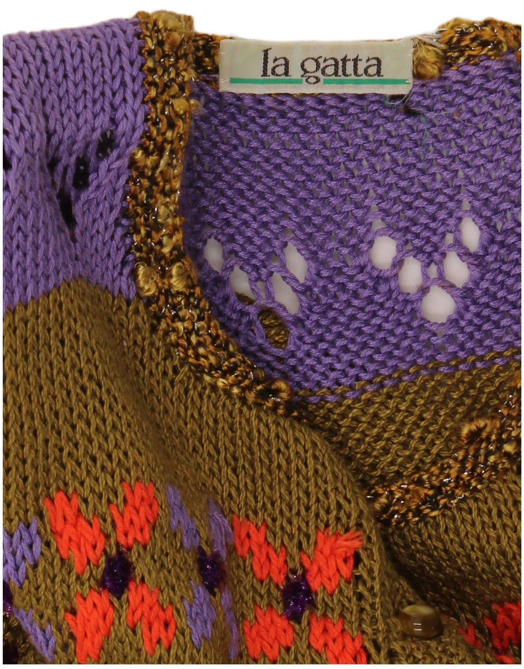 Vintage Damen Kurzarm-Cardigan-Pullover UK 14 Medium Khaki Colourblock