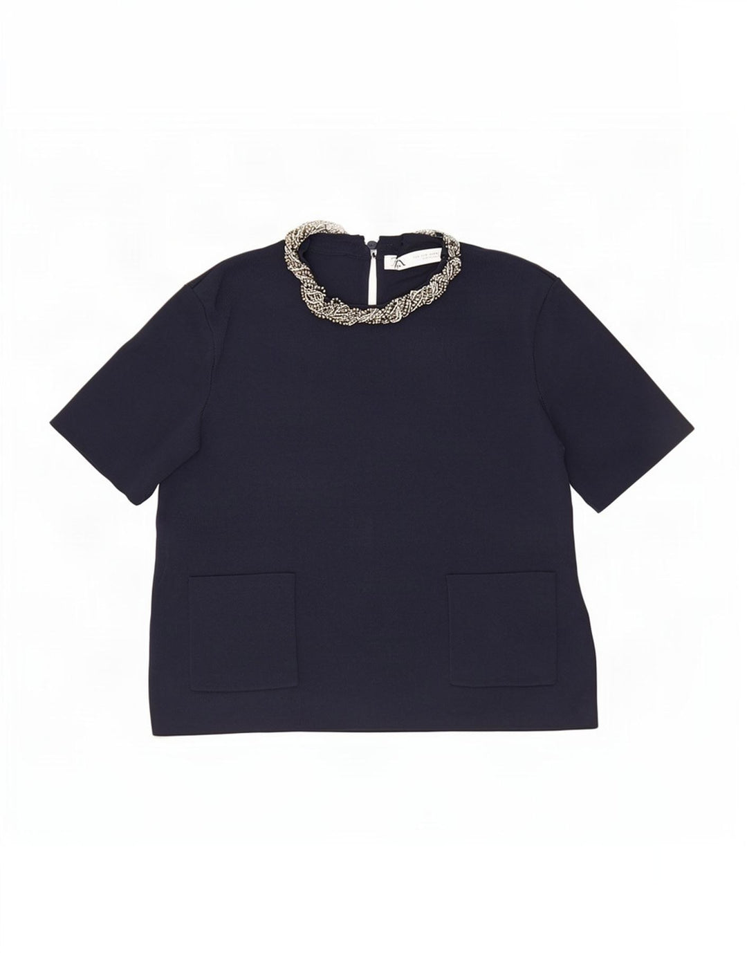 Zara Damen Crop Bluse Top UK 12 Medium Marineblau Viskose