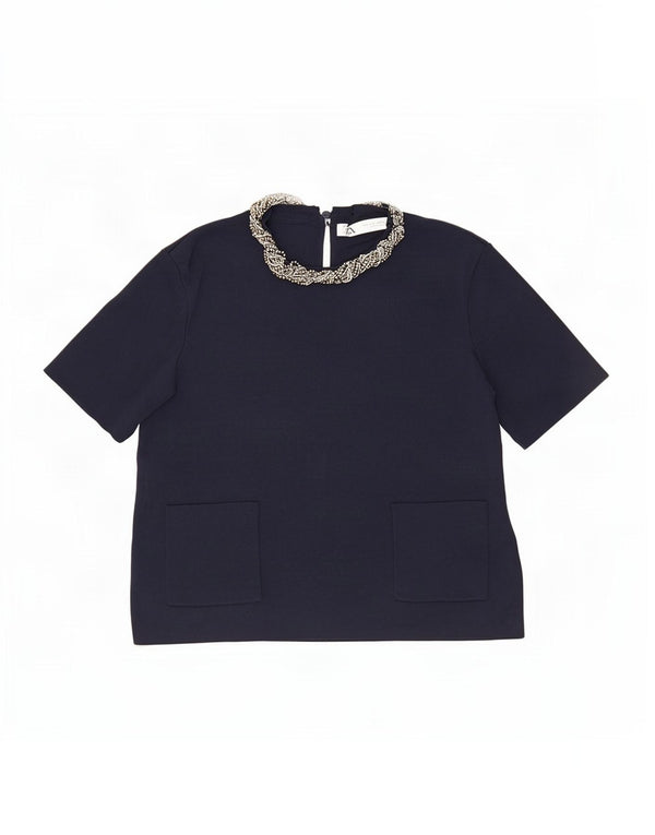 Zara Damen Crop Bluse Top UK 12 Medium Marineblau Viskose