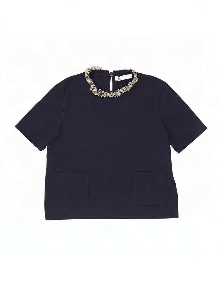 Zara Damen Crop Bluse Top UK 12 Medium Marineblau Viskose