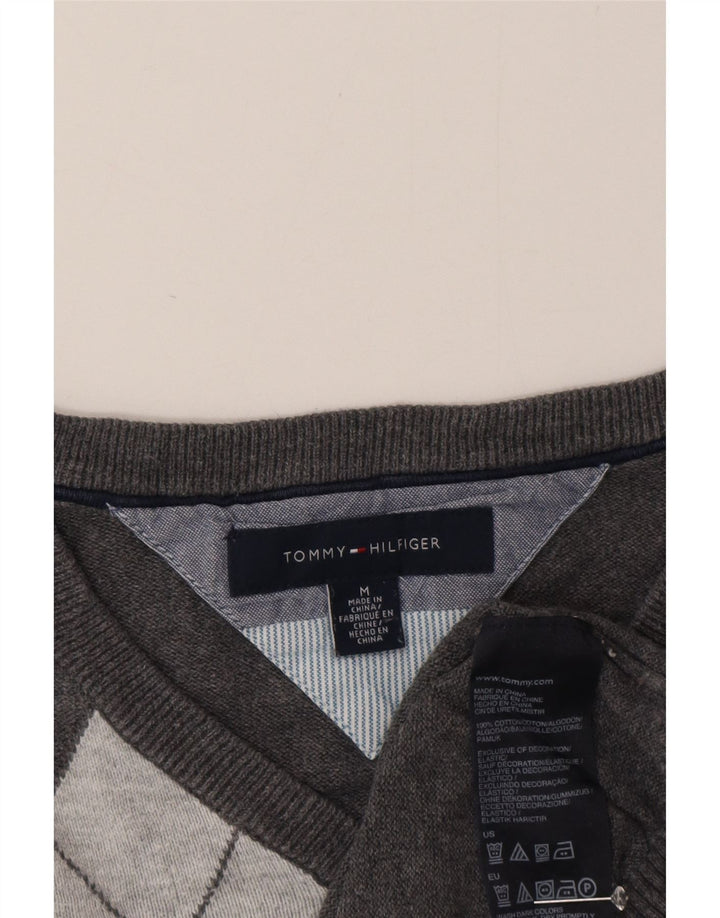 Tommy Hilfiger Herren-Pullover mit V-Ausschnitt, mittelgraue Argyle-/Diamant-Baumwolle