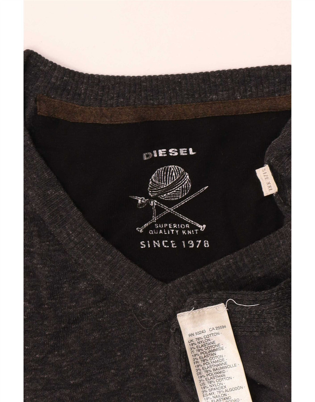 Diesel Herren-Pullover mit V-Ausschnitt, 2XL, graue Baumwolle