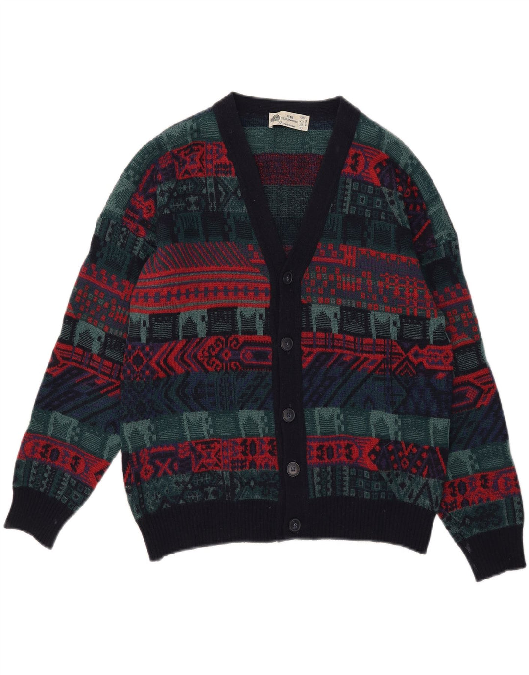 Vintage Herren Cardigan Pullover IT 52 Große mehrfarbige geometrische Wolle