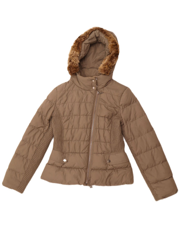 KAREN MILLEN Wattierte Damenjacke mit Kapuze, UK 12, mittelbeigefarbenes Polyamid