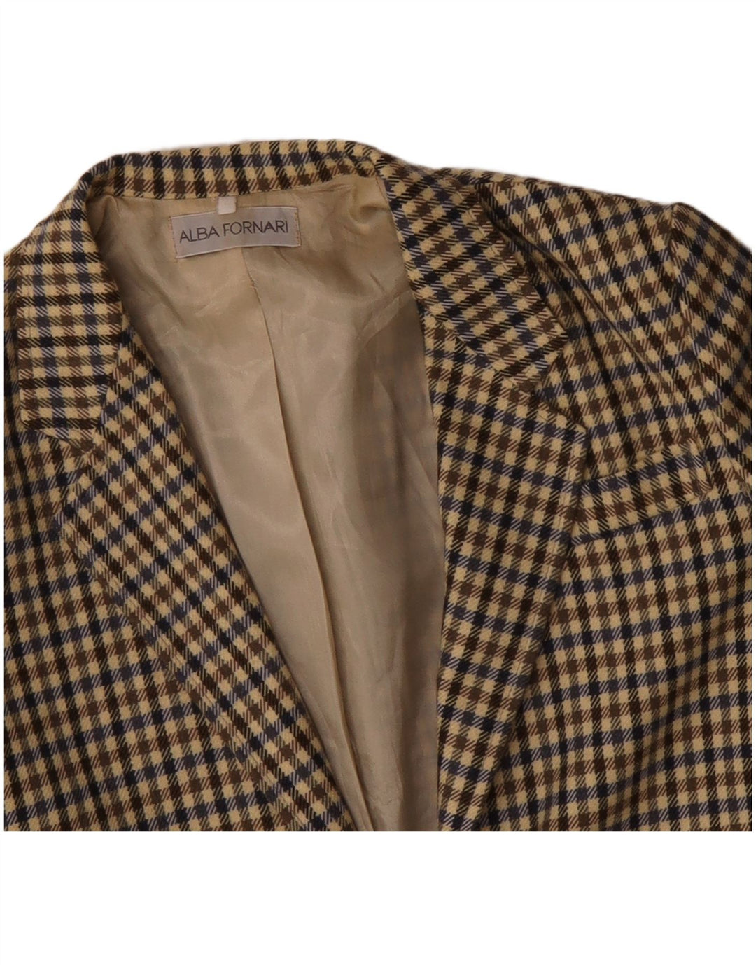 ALBA FORNARI Lang geschnittene Damen-Blazerjacke, UK 14, mittelbeigefarbenes Gingham